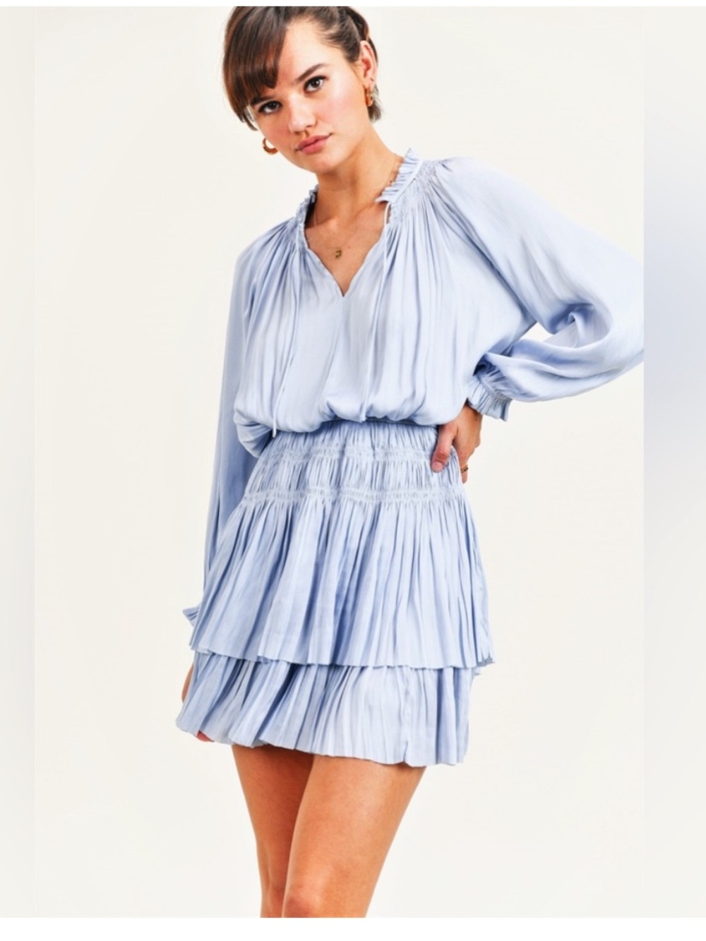 RESET baby blue tiered long-sleeve mini dress with elastic waistband